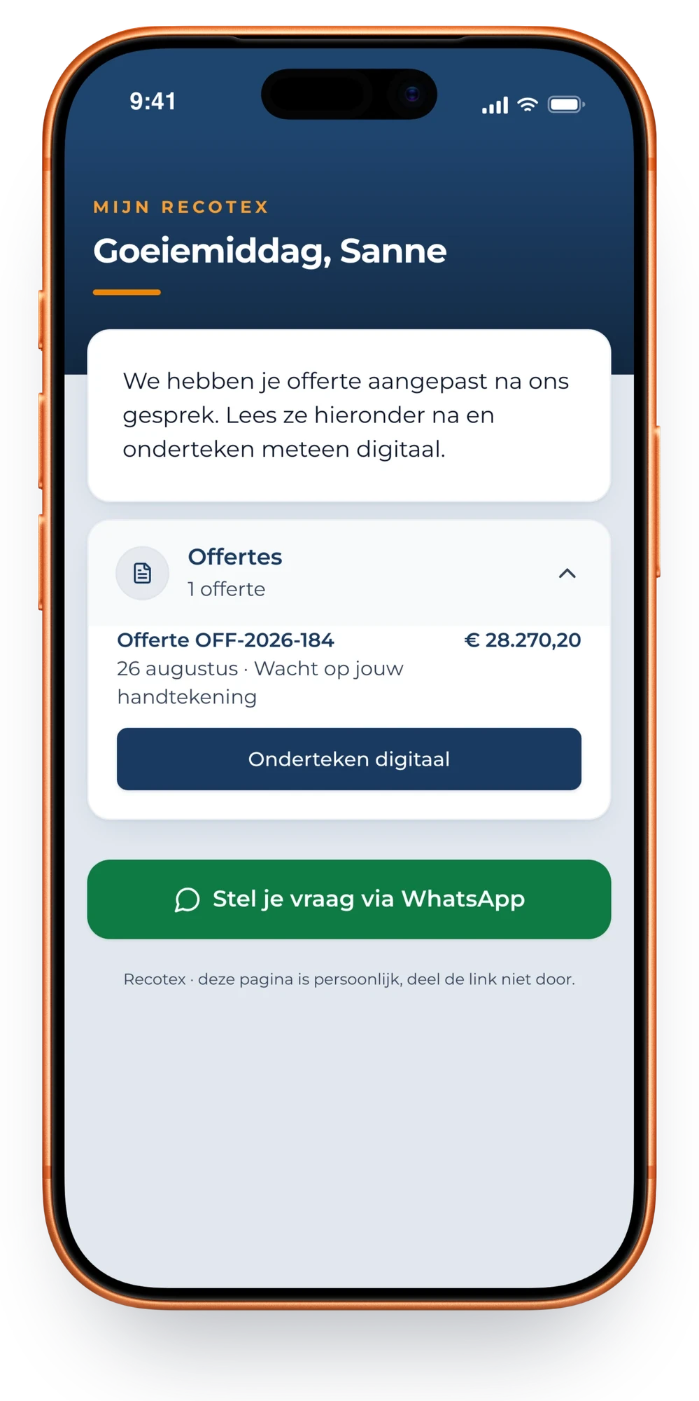 De klantenzone op een iPhone: een offerte die wacht op een handtekening